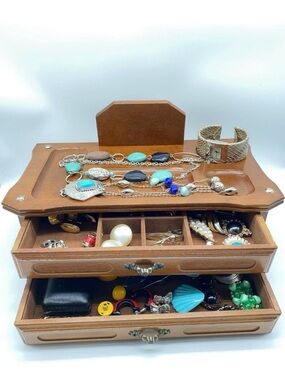 Wooden 2 Drawer Jewelry Box with Assorted Costume Jewelry